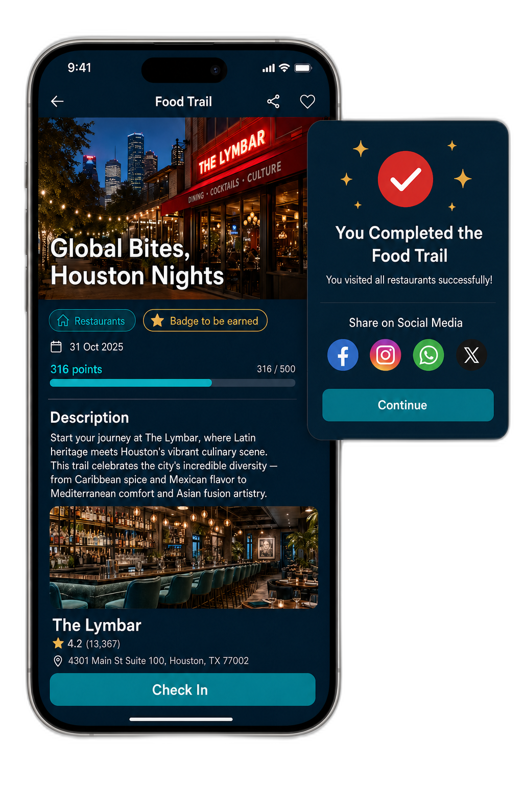 Texas Food Lovers app — Food Trail completion screen